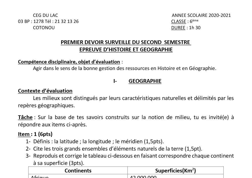 Aperçu de la première page — Histoire Géographie 6e Devoir 1 Semestre 2 CEG du Lac 2020 2021
