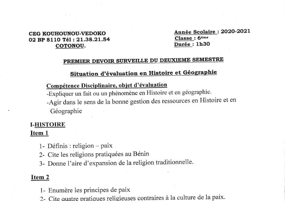 Aperçu de la première page — Histoire Géographie 6e Devoir 1 Semestre 2 CEG K Vedoko 2020 2021