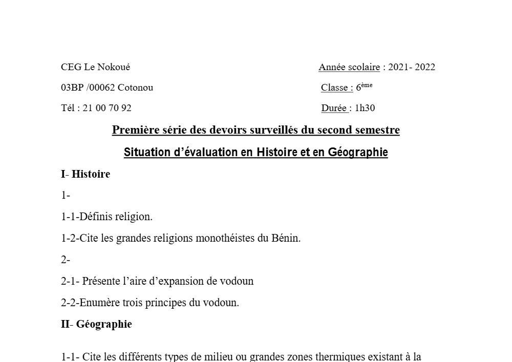 Aperçu de la première page — Histoire Géographie 6e Devoir 1 Semestre 2 CEG Le Nokoué 2021 2022