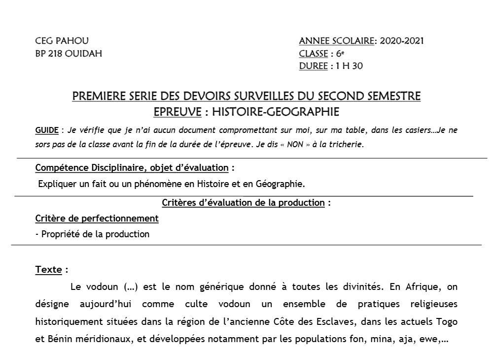 Aperçu de la première page — Histoire Géographie 6e Devoir 1 Semestre 2 CEG Pahou 2020 2021