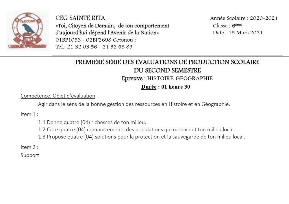 Aperçu de la première page — Histoire Géographie 6e Devoir 1 Semestre 2 CEG Sainte Rita 2020 2021