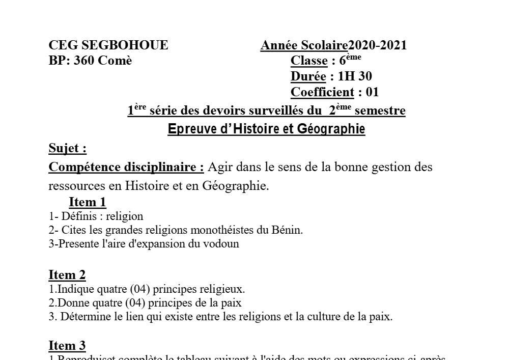 Aperçu de la première page — Histoire Géographie 6e Devoir 1 Semestre 2 CEG Segbohoue 2020 2021