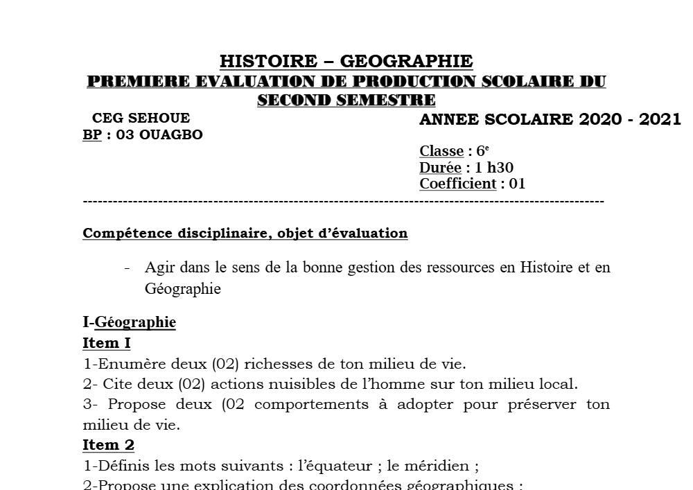 Aperçu de la première page — Histoire Géographie 6e Devoir 1 Semestre 2 CEG Sehoue 2020 2021