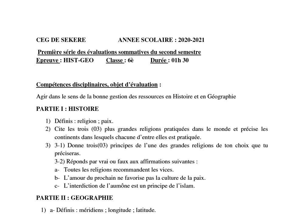 Aperçu de la première page — Histoire Géographie 6e Devoir 1 Semestre 2 CEG Sékéré 2020 2021