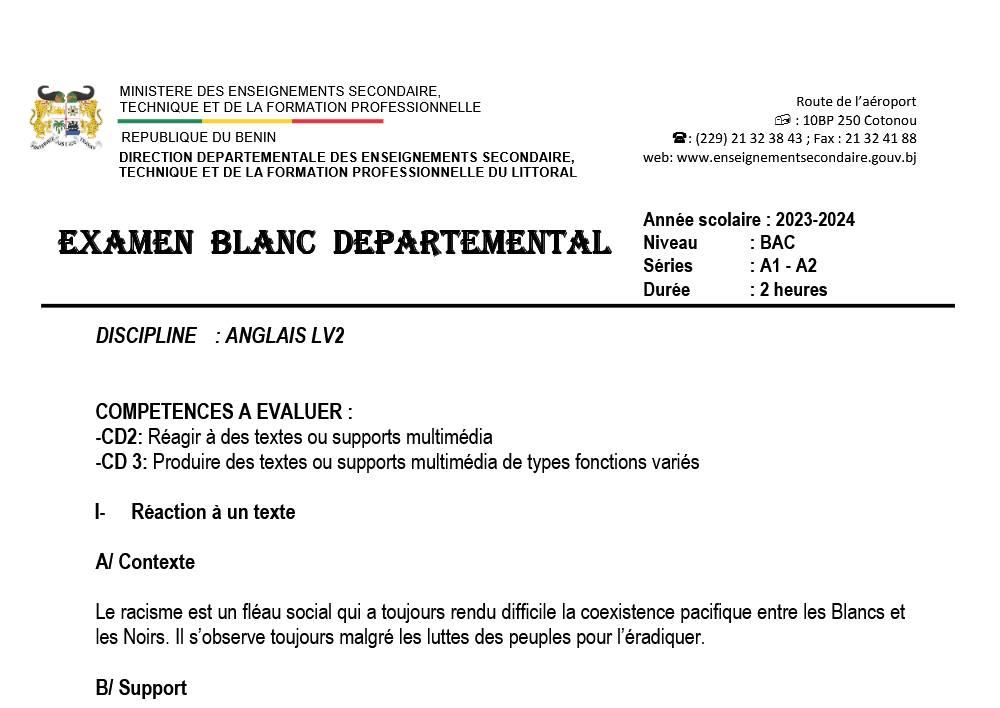 Aperçu de la première page — BAC BLANC LITTORAL - ANGLAIS LV2