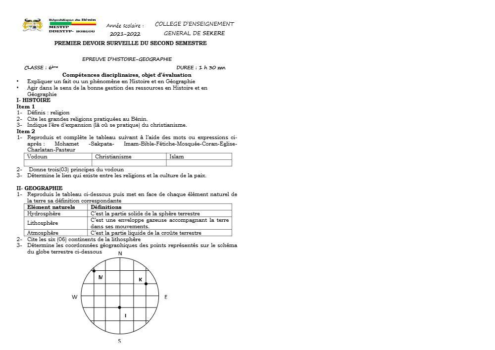 Aperçu de la première page — Histoire Géographie 6e Devoir 1 Semestre 2 CEG Sékéré 2021 2022