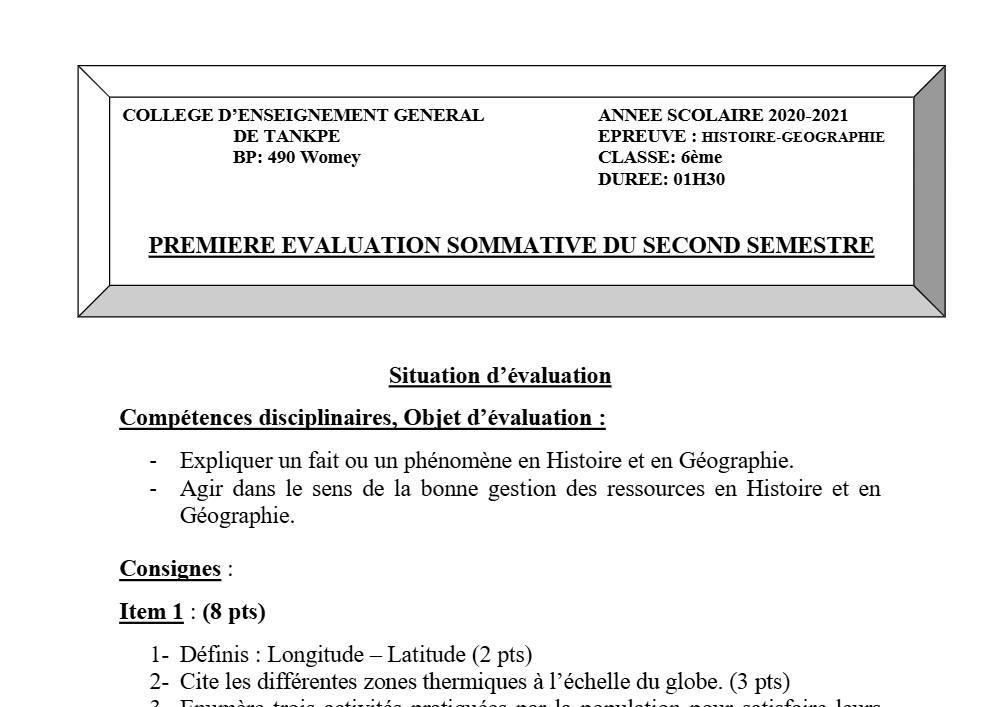 Aperçu de la première page — Histoire Géographie 6e Devoir 1 Semestre 2 CEG Tankpè 2020 2021