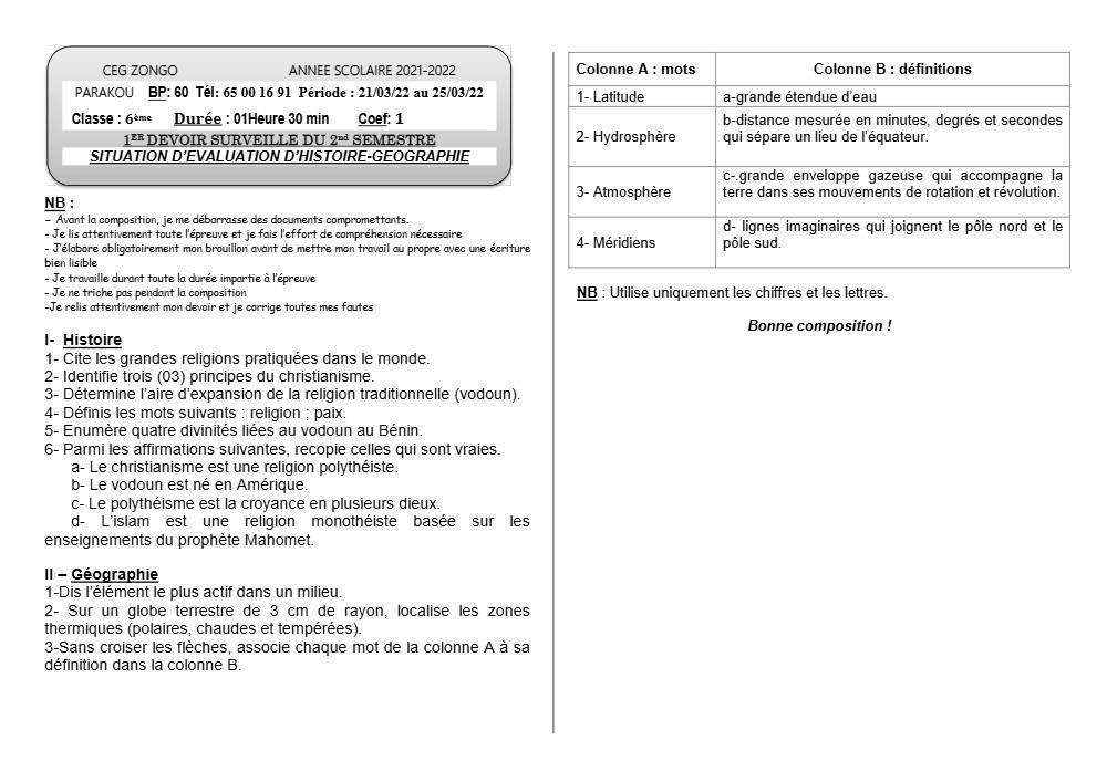 Aperçu de la première page — Histoire Géographie 6e Devoir 1 Semestre 2 CEG Zongo 2021 2022