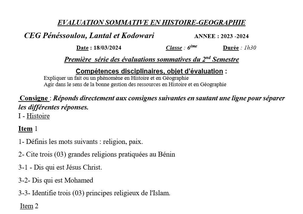 Aperçu de la première page — Histoire Géographie 6e Devoir 1 Semestre 2 D'histoire CEG Pénéssoulou 2023 2024