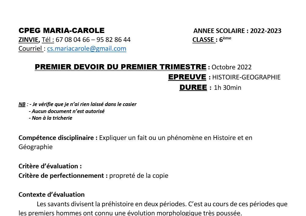 Aperçu de la première page — Histoire Géographie 6e Devoir 1 Trimestre 1 CPEG Maria Carole 2022 2023 (2)