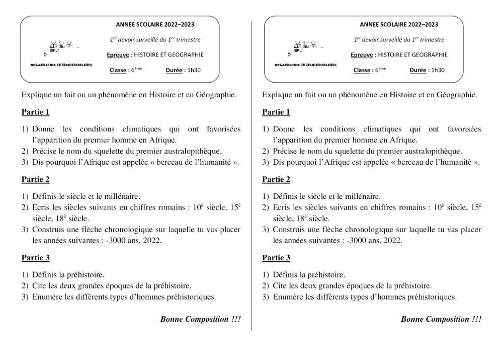 Aperçu de la première page — Histoire Géographie 6e Devoir 1 Trimestre 1 CPEG Mon Avenir Plus Benin 2022 2023