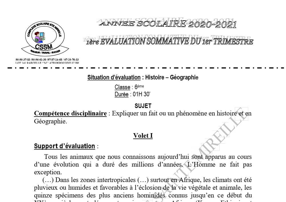 Aperçu de la première page — Histoire Géographie 6e Devoir 1 Trimestre 1 CPEG Sainte Mireille 2021 2022