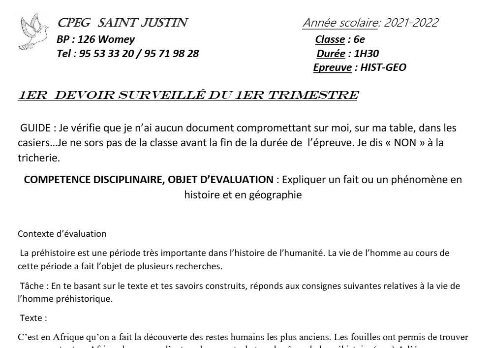 Aperçu de la première page — Histoire Géographie 6e Devoir 1 Trimestre 1 CPEG Saint Justin 2021 2022