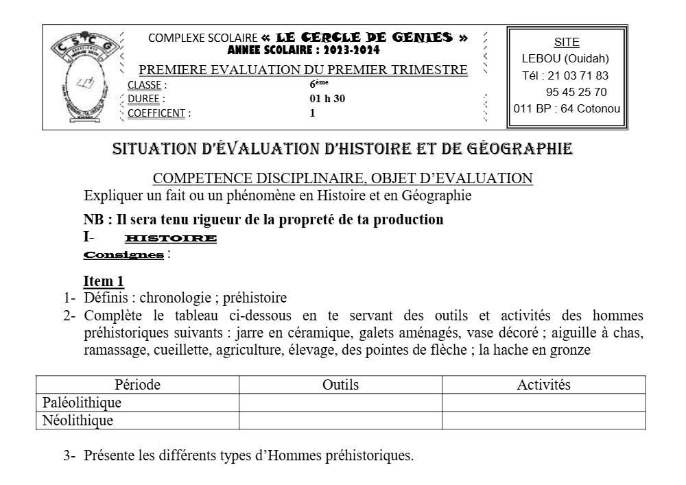 Aperçu de la première page — Histoire Géographie 6e Devoir 1 Trimestre 1 CP Le Cercle de Genies 2023 2024