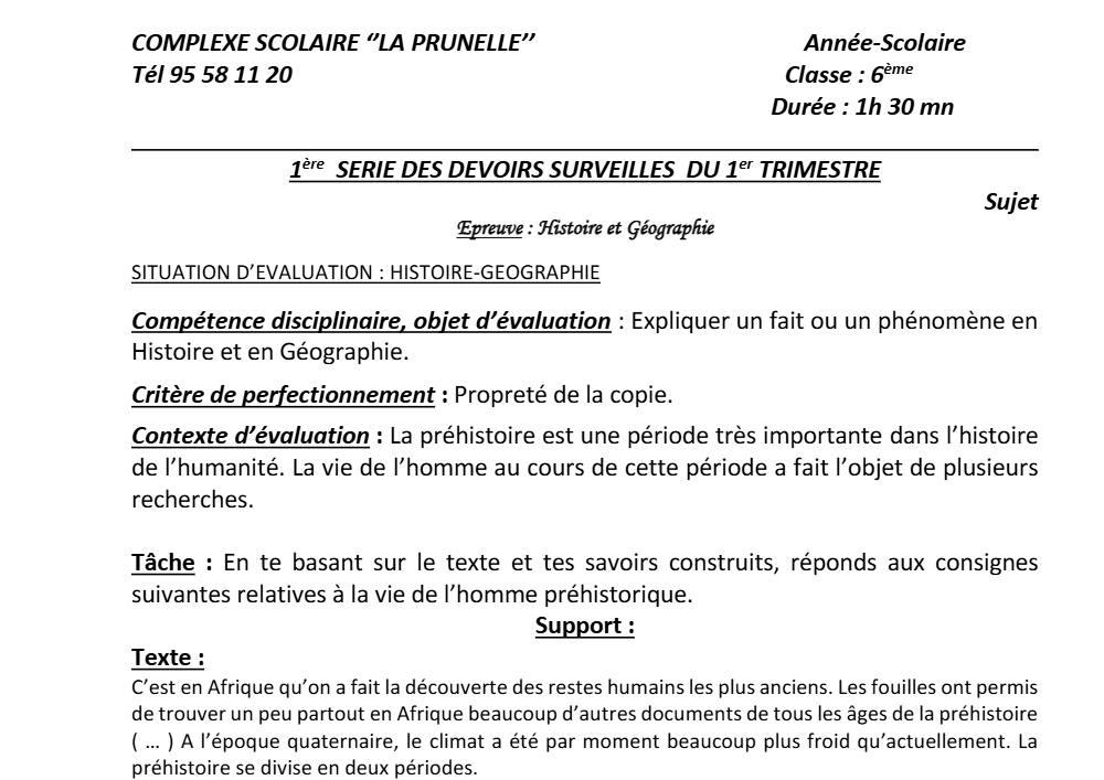 Aperçu de la première page — Histoire Géographie 6e Devoir 1 Trimestre 1 CS La Prunelle de Dieu 2021 2022
