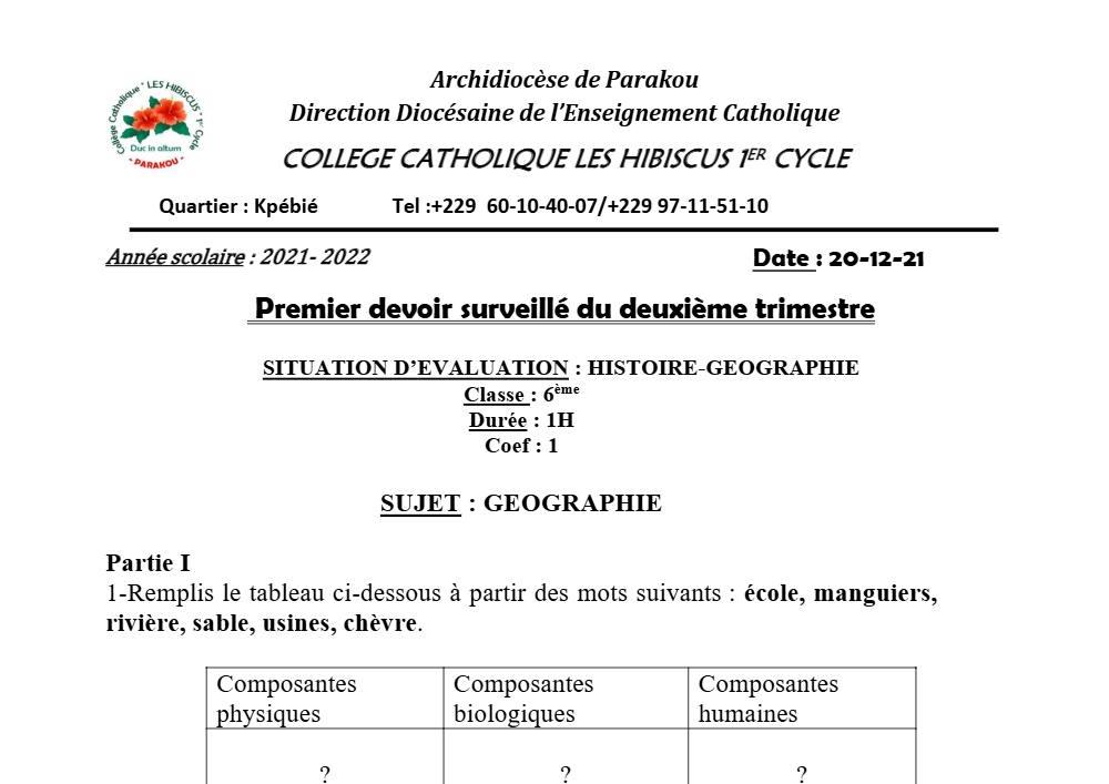 Aperçu de la première page — Histoire Géographie 6e Devoir 1 Trimestre 2 Collège Catholique Les Hibiscus 2021 2022