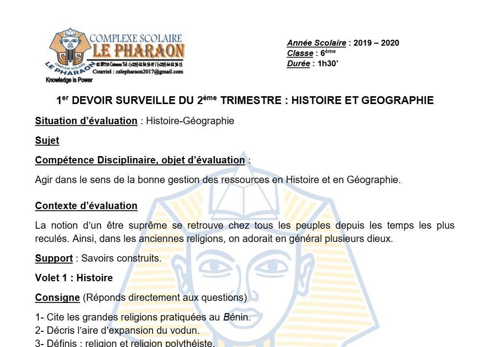Aperçu de la première page — Histoire Géographie 6e Devoir 1 Trimestre 2 CS Le Pharaon 2019 2020