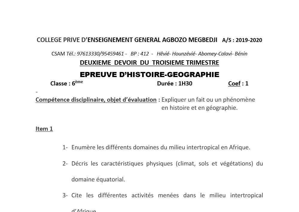 Aperçu de la première page — Histoire Géographie 6e Devoir 1 Trimestre 3 CPEG Agbozo Megbedji 2019 2020