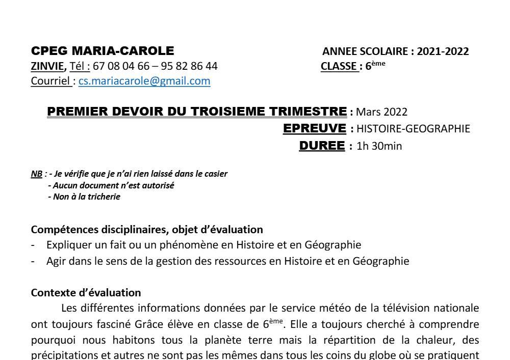 Aperçu de la première page — Histoire Géographie 6e Devoir 1 Trimestre 3 CPEG Maria Carole 2021 2022