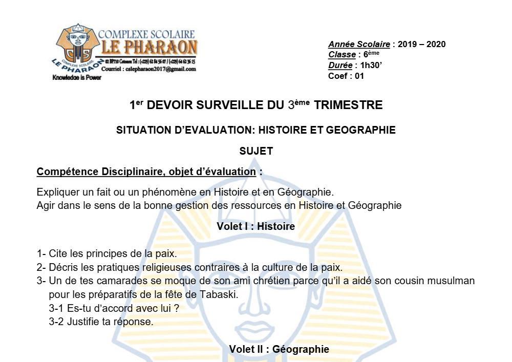 Aperçu de la première page — Histoire Géographie 6e Devoir 1 Trimestre 3 CS Le Pharaon 2019 2020