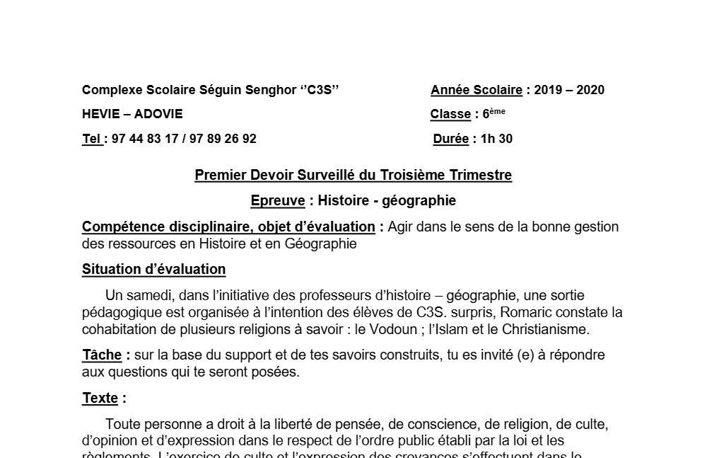 Aperçu de la première page — Histoire Géographie 6e Devoir 1 Trimestre 3 CS Séguin Senghor 2019 2020