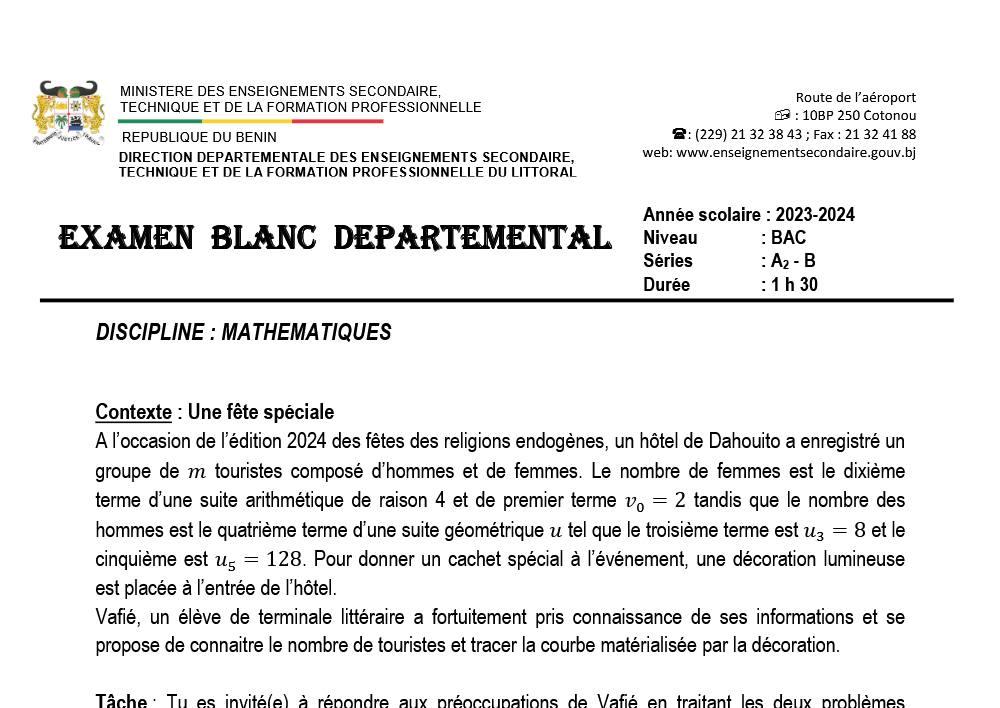Aperçu de la première page — BAC BLANC LITTORAL - MATHÉMATIQUE A2&B