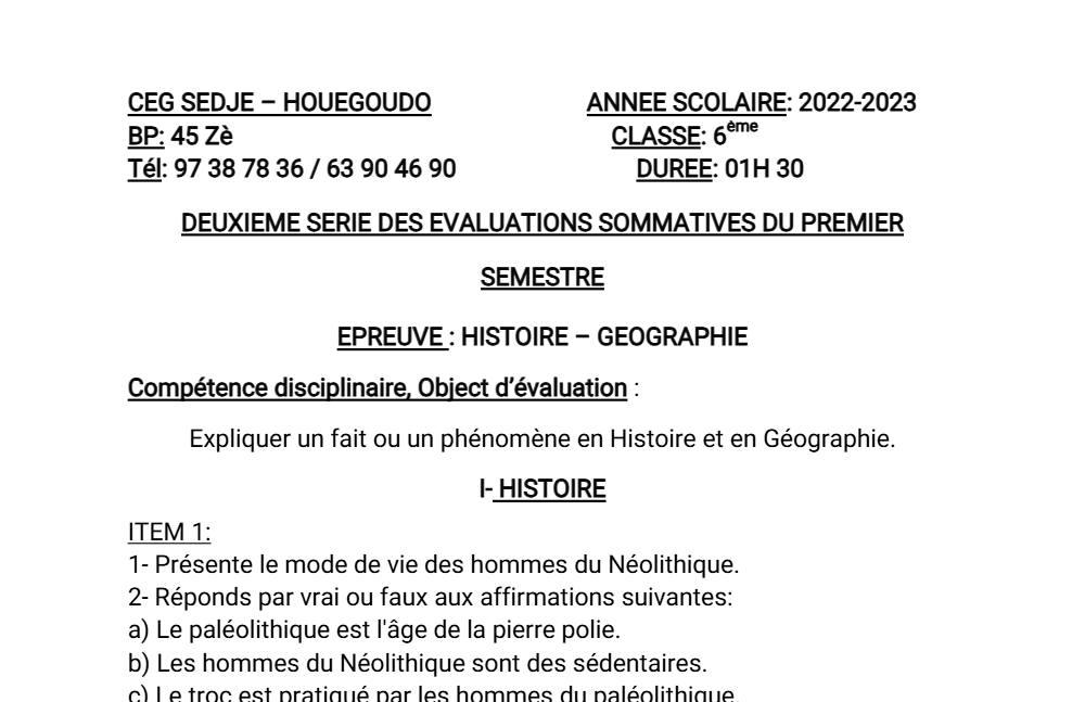 Aperçu de la première page — Histoire Géographie 6e Devoir 2 Semestre 1 6eme, CEG Sedje Houegoudo 2022 2023