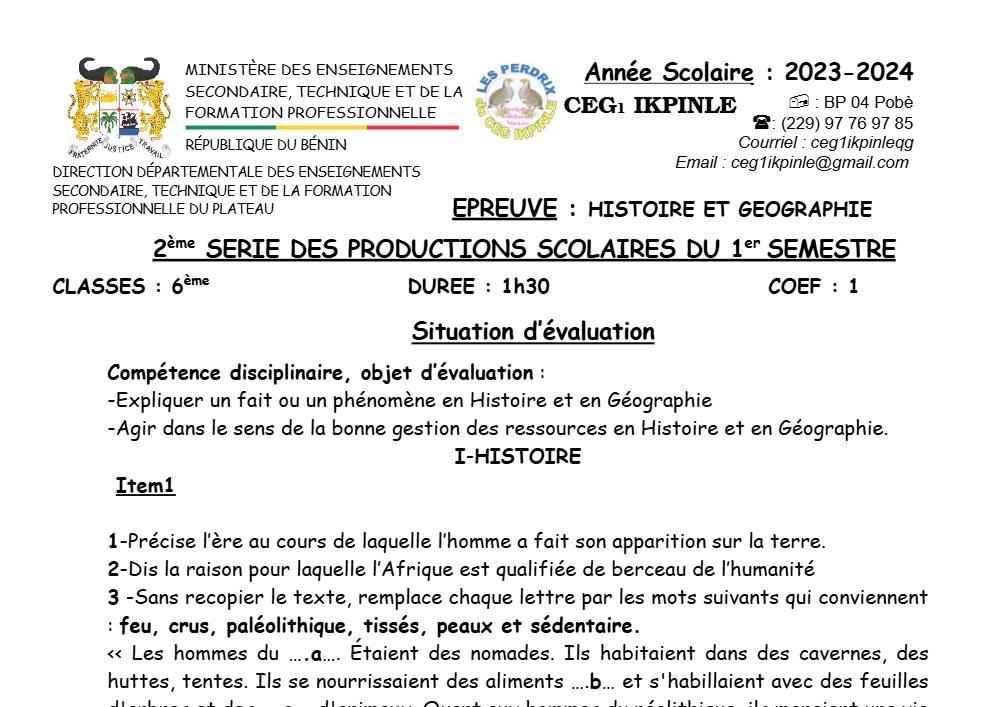Aperçu de la première page — Histoire Géographie 6e Devoir 2 Semestre 1 CEG1 Ikpinlè 2023 2024