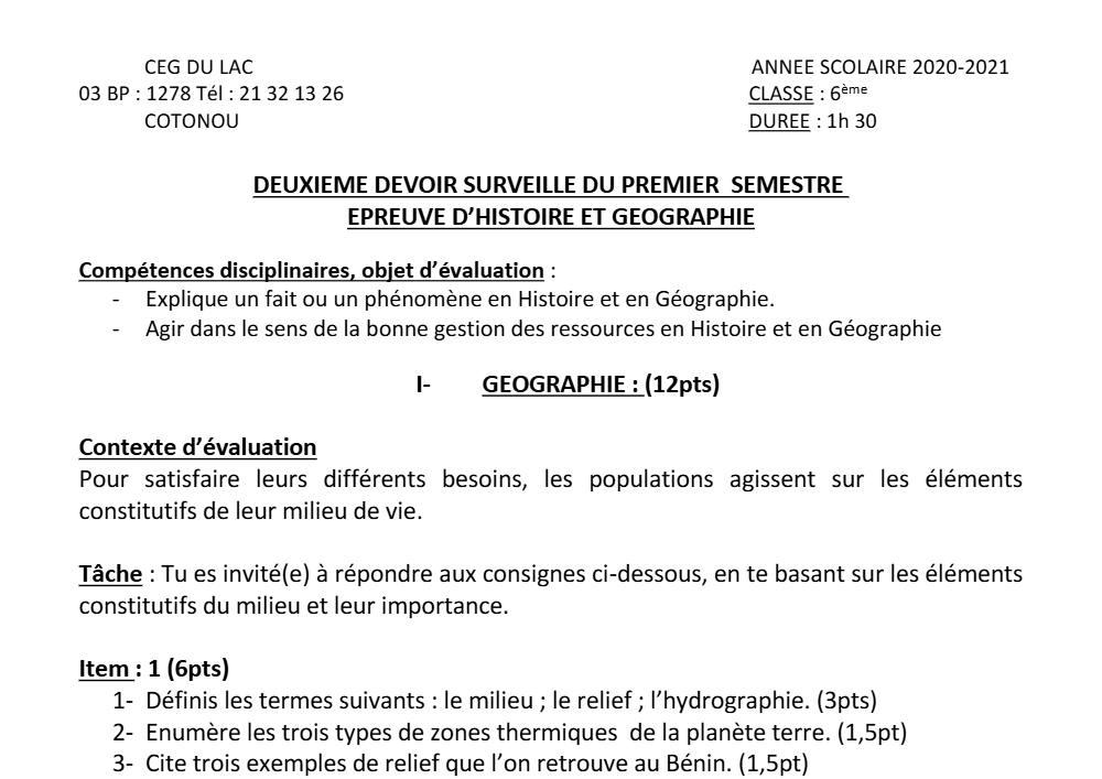 Aperçu de la première page — Histoire Géographie 6e Devoir 2 Semestre 1 CEG du Lac 2020 2021