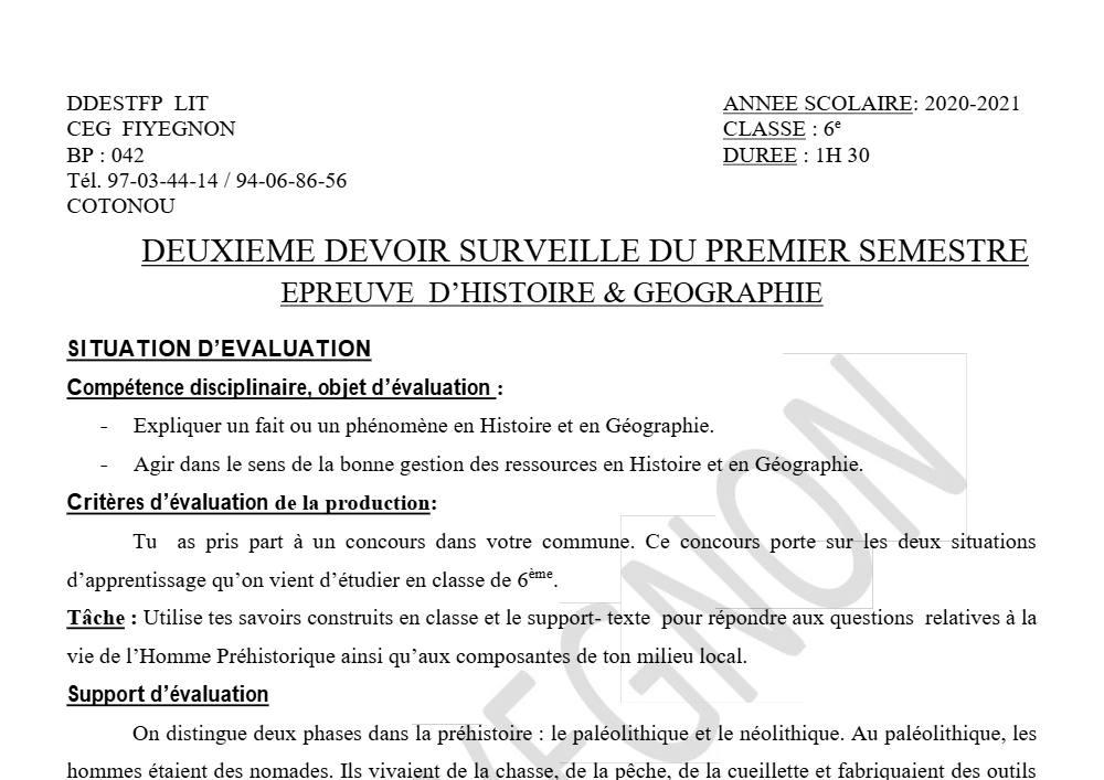 Aperçu de la première page — Histoire Géographie 6e Devoir 2 Semestre 1 CEG Fiyegnon 2020 2021