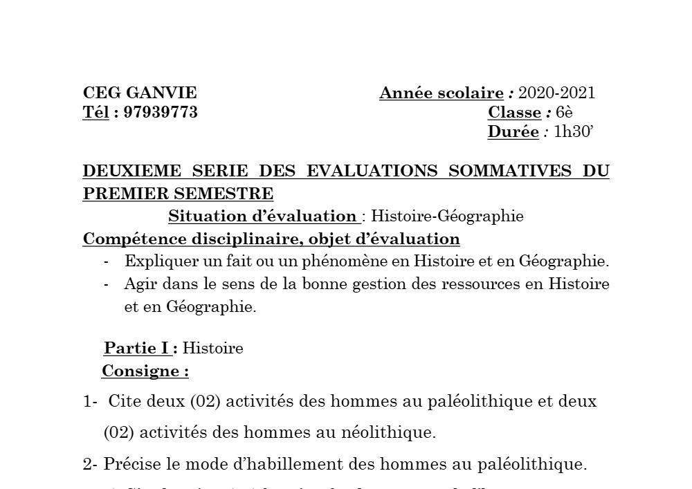 Aperçu de la première page — Histoire Géographie 6e Devoir 2 Semestre 1 CEG Ganvie 2020 2021