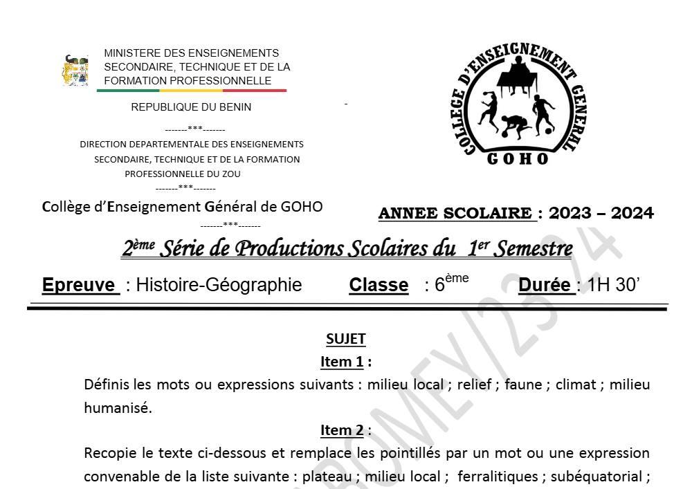 Aperçu de la première page — Histoire Géographie 6e Devoir 2 Semestre 1 CEG Goho Abomey 2023 2024