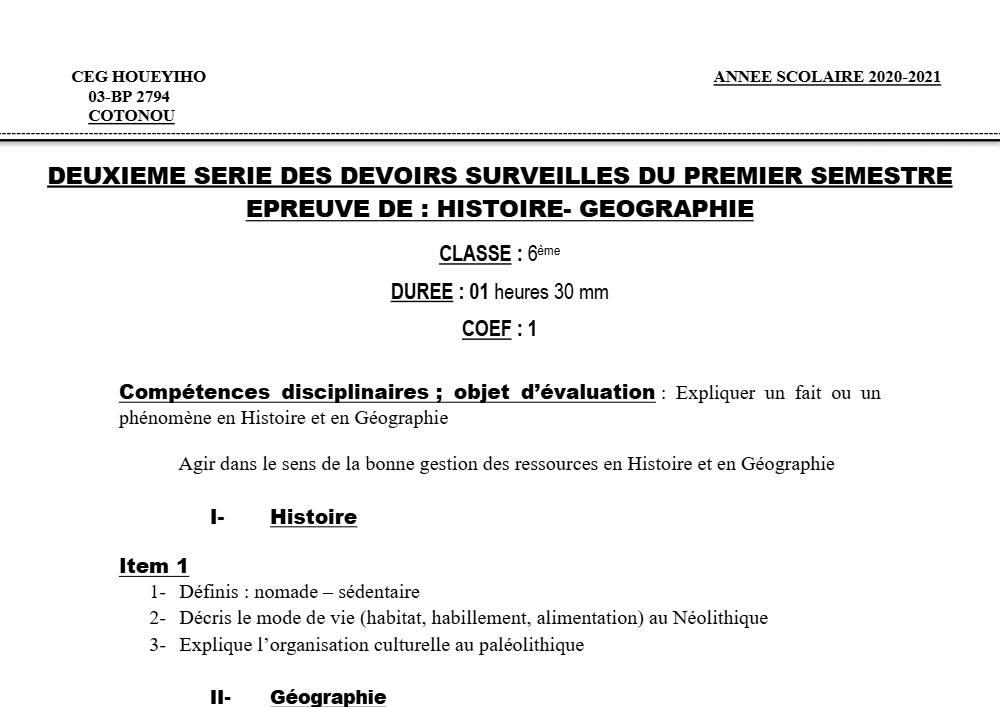 Aperçu de la première page — Histoire Géographie 6e Devoir 2 Semestre 1 CEG Houéyiho 2020 2021