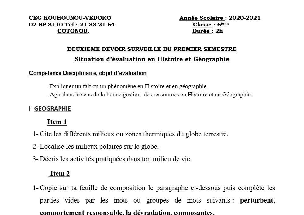 Aperçu de la première page — Histoire Géographie 6e Devoir 2 Semestre 1 CEG K Vedoko 2020 2021