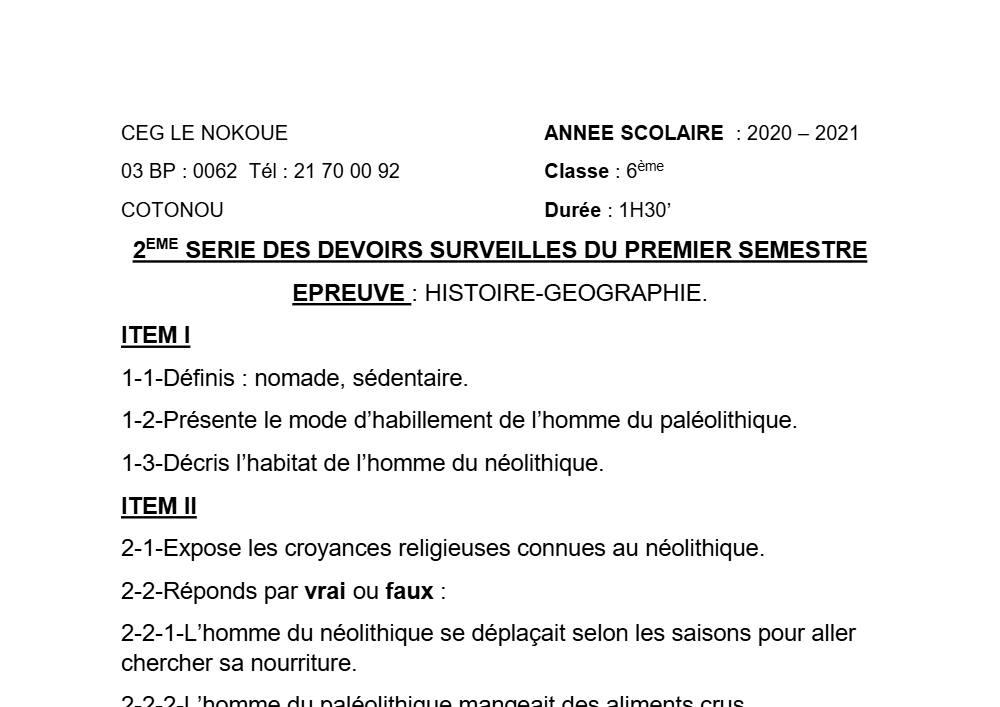 Aperçu de la première page — Histoire Géographie 6e Devoir 2 Semestre 1 CEG Le Nokoué 2020 2021