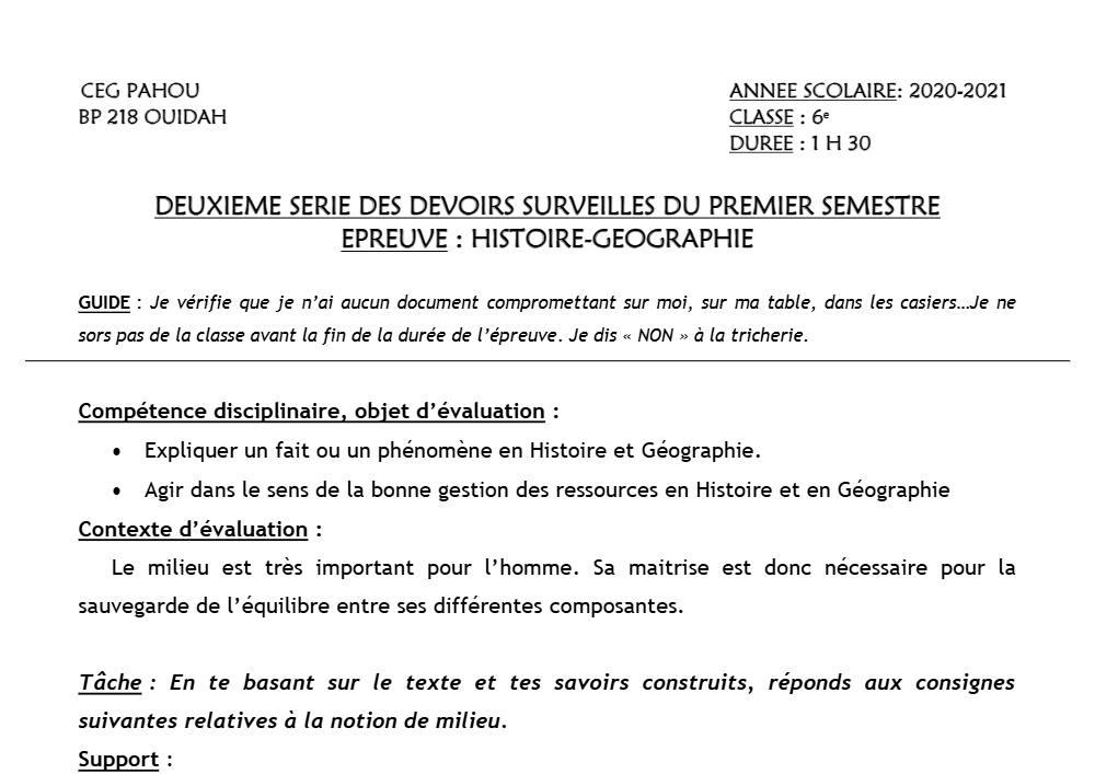 Aperçu de la première page — Histoire Géographie 6e Devoir 2 Semestre 1 CEG Pahou 2020 2021