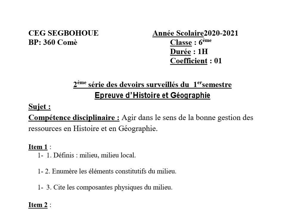 Aperçu de la première page — Histoire Géographie 6e Devoir 2 Semestre 1 CEG Segbohoue 2020 2021