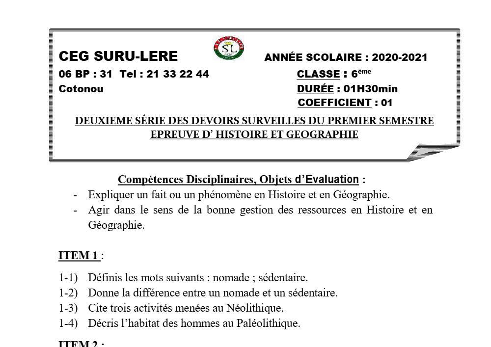 Aperçu de la première page — Histoire Géographie 6e Devoir 2 Semestre 1 CEG Suru Léré 2020 2021
