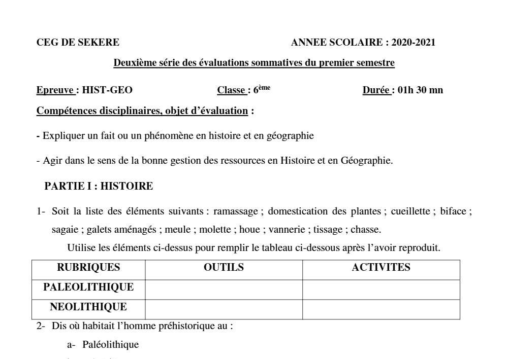 Aperçu de la première page — Histoire Géographie 6e Devoir 2 Semestre 1 CEG Sékéré 2020 2021