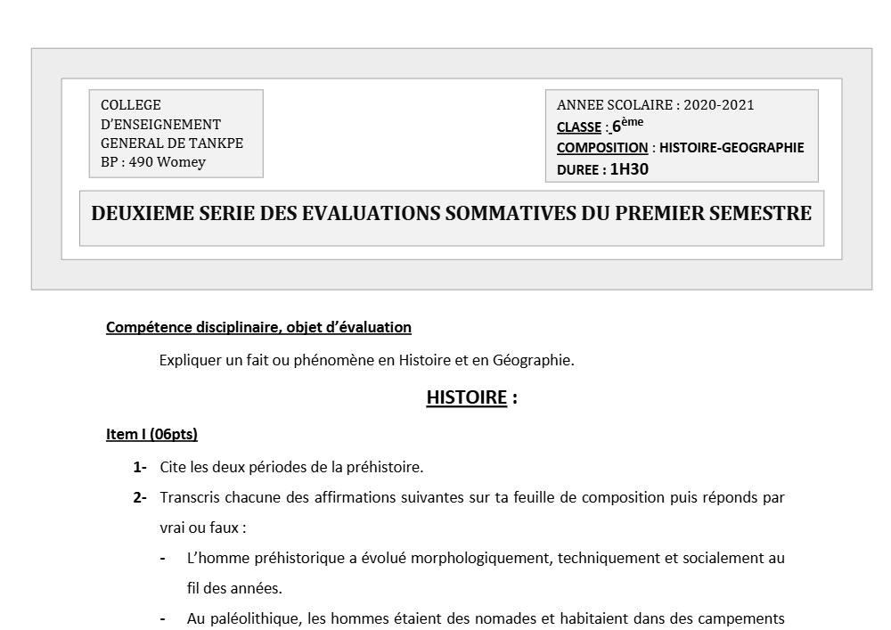 Aperçu de la première page — Histoire Géographie 6e Devoir 2 Semestre 1 CEG Tankpè 2020 2021