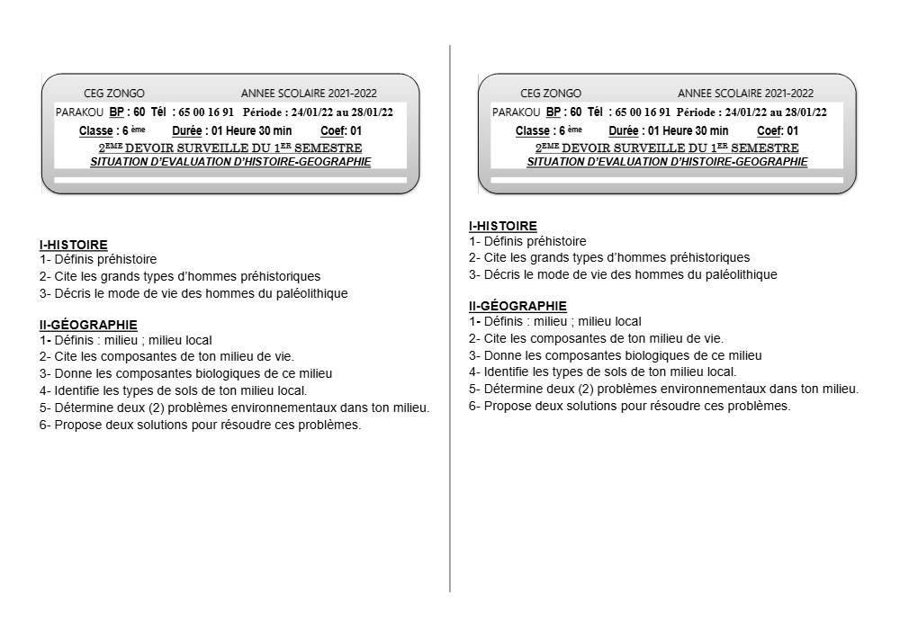 Aperçu de la première page — Histoire Géographie 6e Devoir 2 Semestre 1 CEG Zongo 2021 2022 (2)