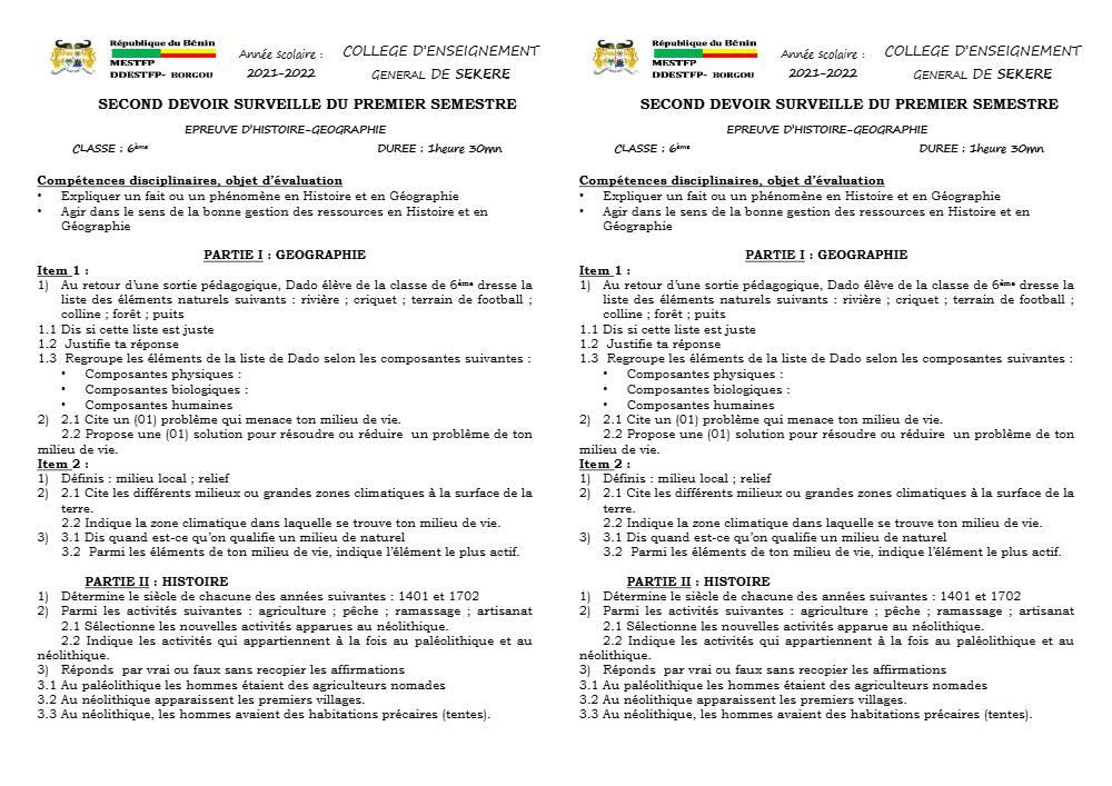 Aperçu de la première page — Histoire Géographie 6e Devoir 2 Semestre 1 Collège D'Enseignement Général de Sékéré 2021 2022