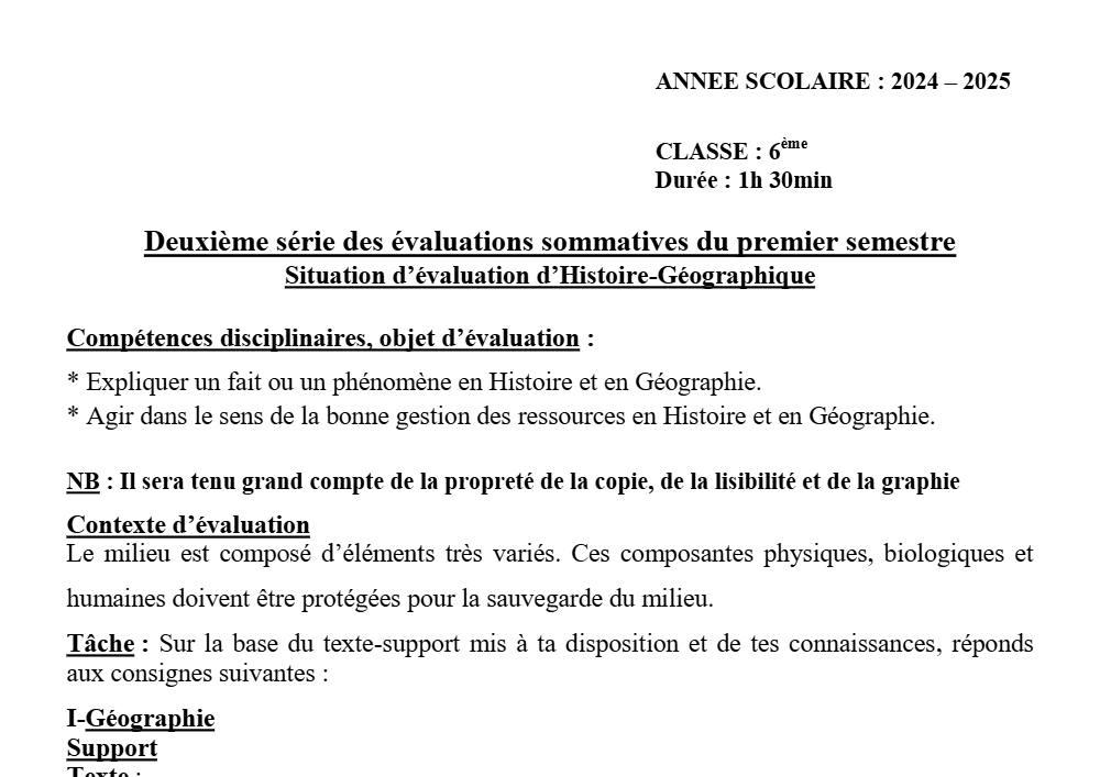 Aperçu de la première page — Histoire Géographie 6e Devoir 2 Semestre 1 du Collège D'Enseignement Général 2024 2025