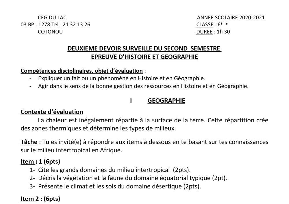 Aperçu de la première page — Histoire Géographie 6e Devoir 2 Semestre 2 CEG du Lac 2020 2021