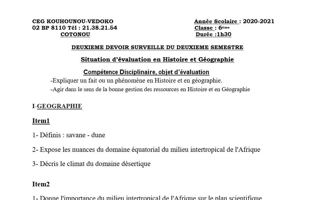Aperçu de la première page — Histoire Géographie 6e Devoir 2 Semestre 2 CEG K Vedoko 2020 2021