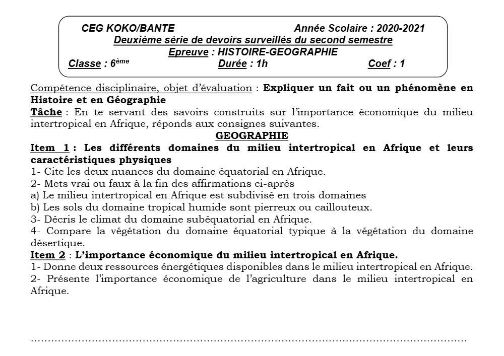 Aperçu de la première page — Histoire Géographie 6e Devoir 2 Semestre 2 CEG Koko 2020 2021