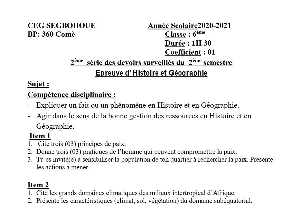 Aperçu de la première page — Histoire Géographie 6e Devoir 2 Semestre 2 CEG Segbohoue 2020 2021