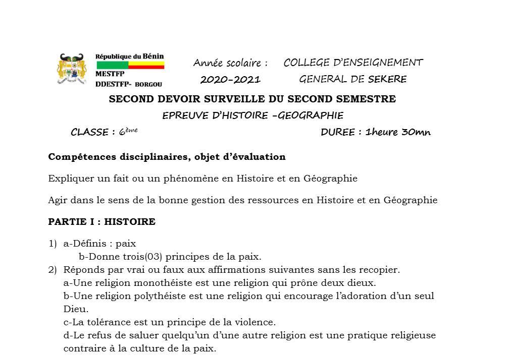 Aperçu de la première page — Histoire Géographie 6e Devoir 2 Semestre 2 CEG Sékéré 2020 2021 (2)