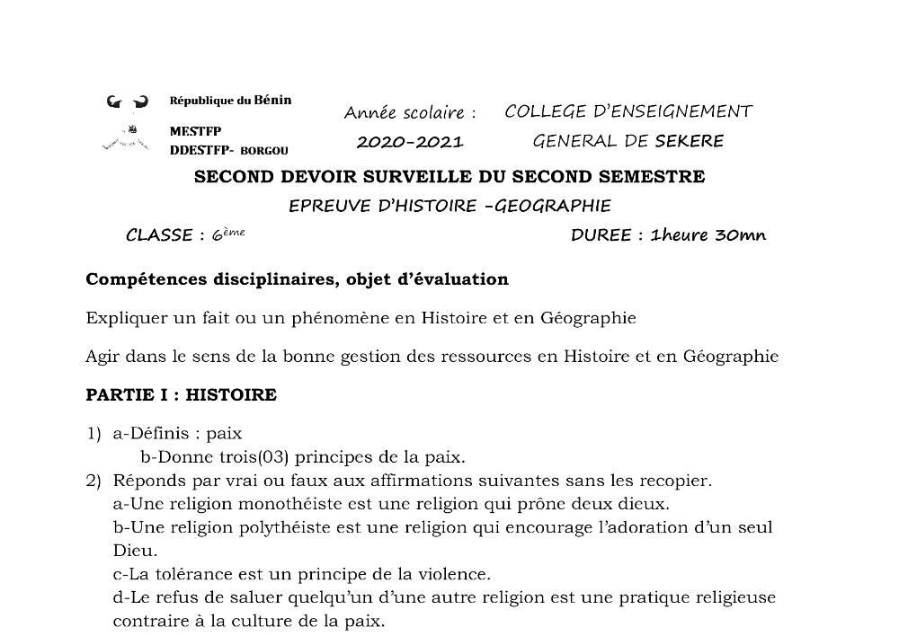 Aperçu de la première page — Histoire Géographie 6e Devoir 2 Semestre 2 CEG Sékéré 2020 2021