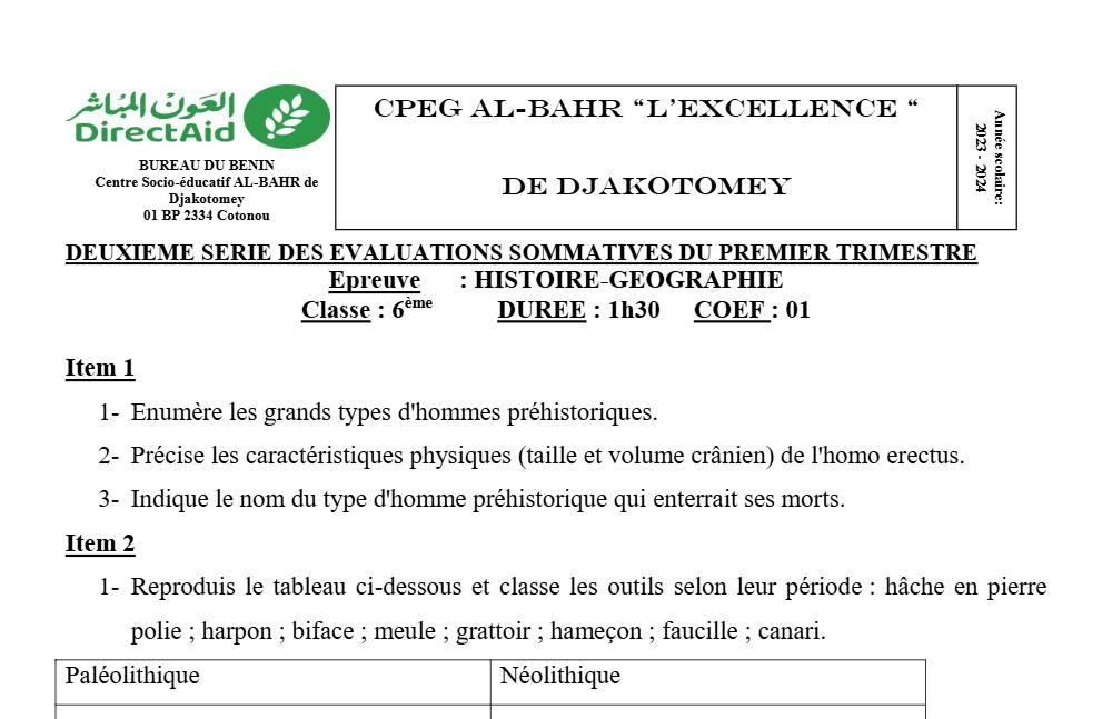 Aperçu de la première page — Histoire Géographie 6e Devoir 2 Trimestre 1 CPEG Al Bahr L'Excellence 2023 2024